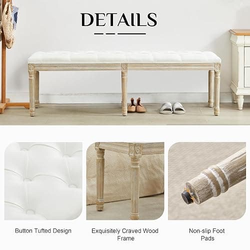 LOULENS 57.7" Linen Fabric End of Bed Bench, French Upholstered Button Tufted Bench for Bedroom End of Bed, Window Seat with Carved Wood Legs for Bedroom, Living Room, Entryway, White thumbnail 5