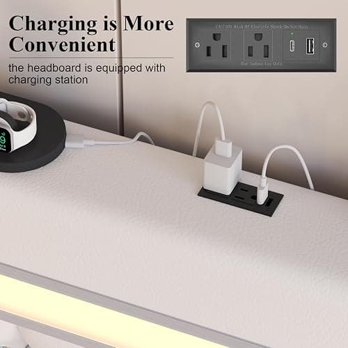 Queen Size Bed Frame with 4 Storage Drawers and LED Light, Upholstered Platform Storage Bed with Adjustable Headboard and Charging Station, Metal Slats Support, No Box Spring Needed, No Noise, White thumbnail 6