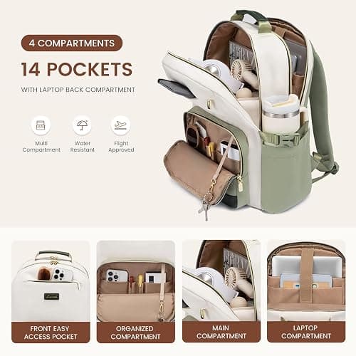 LOVEVOOK Laptop Backpack for Women with Pouch Pocket for Large Capacity Cup,15.6 Inch Laptop Computer Bag Travel Backpack Purse,Waterproof Work College Teacher Bags,White-Bean Green-Dark Olive Green thumbnail 3