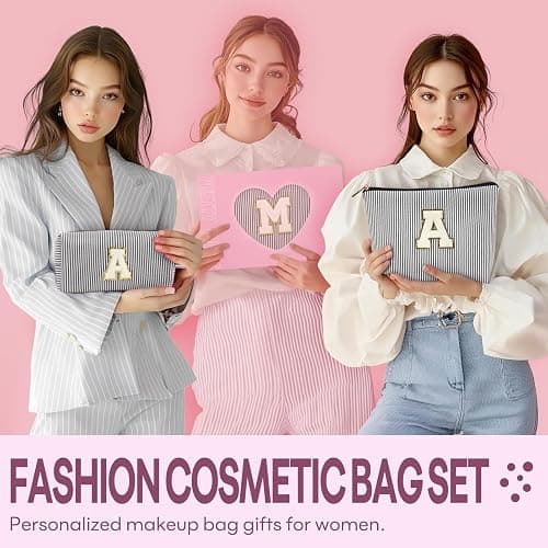 2 PCS Initial Makeup Bags for Women: Cosmetic Bag for Travel Toiletry - Birthday Gifts for 11 12 13 14 15 16 17 18 Years Old Girl Graduation Teacher Gift- Teen Girl Gifts Trendy Stuff - Black K thumbnail 2
