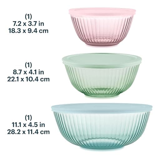 Pyrex Colors (3-Pack, Full Set) Sculpted Tinted Glass Mixing Bowls With Plastic Lids, Nesting Space Saving Set of Bowls For Prepping and Baking, 1.3QT, 2.3QT & 4.5Q, (Pink, Green, Aqua) thumbnail 2