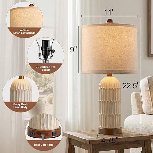 OYEARS 22.5" Bedside Table Lamps Set of 2, Farmhouse Table Lamp with USB A+C Charging Ports,Vintage Nightstand Lamp for Bedrooms and Living Rooms, Retro Resin End Table Lamp, Beige and Brown thumbnail 3