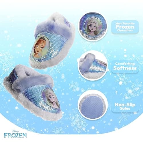Disney Frozen Elsa and Anna Girls Slippers - Plush Non-Slip Comfy Fluffy Lightweight Warm Comfort Soft Aline Indoor House Slippers (Toddler/Little Kid) thumbnail 4