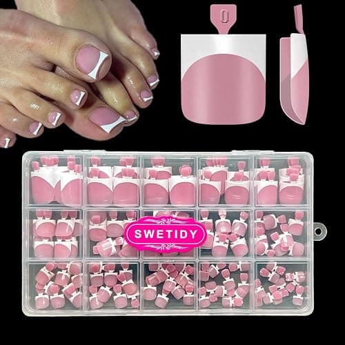 Toe Nail Press Ons, French Tips Toe Press On Nails, 150pcs Square Pre-Designed Soft Gel Thick False Toenail Extension, Berry Pink Full Cover Acrylic for DIY 15 Sizes - Image 1