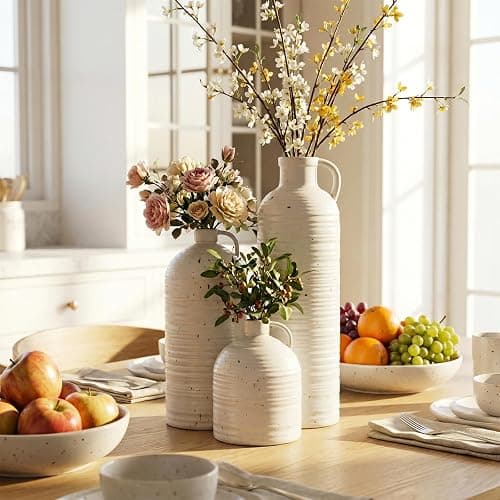 Firehold Ceramic Vase Set of 3, Rustic Home Decor Vases for Modern Farmhouse, White Boho Flower Vases for Shelf, Mantel, Table Decor, Small Decorative Vase for Dried Flowers & Pampas Grass thumbnail 4