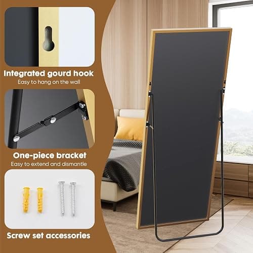 NEWBULIG Full Length Floor Mirror, Body Standing Wall Mirror | Hanging or Leaning, Shatter-Proof Glass, Aluminum Alloy Frame with Stand, Home Decor Bedroom, Gold thumbnail 5