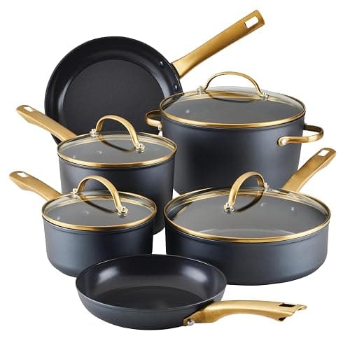 Farberware Forged Induction Ceramic Nonstick Pots and Pans Set with Lids and Kitchen Cooking Tools - Dishwasher Safe, Suitable for All Stovetops, 12 Piece Cookware Set - Black and Gold - Image 1