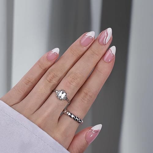 BTArtbox Press On Nails Almond - Swirl French Tip Press On Nails Short for Gifts, Nail Tips, Pink Fake Nail with Glue, Glue On Nails in 16 Sizes - 30 Nail Kit, Tiny Silver - X-Tiny Silver thumbnail 4