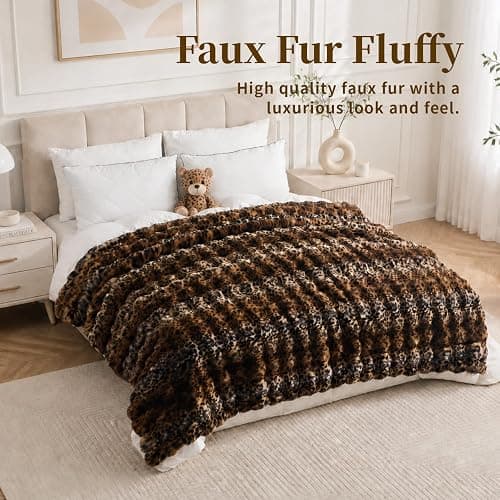 Faux Fur Cheetah Print Blanket for Couch - Fluffy Fuzzy Brown Cheetah Throw Blanket, Warm Furry Bubble Bed Throws, Soft Plush Decorative Thick Blanket for Bedroom Living Room, 51"x63" thumbnail 3