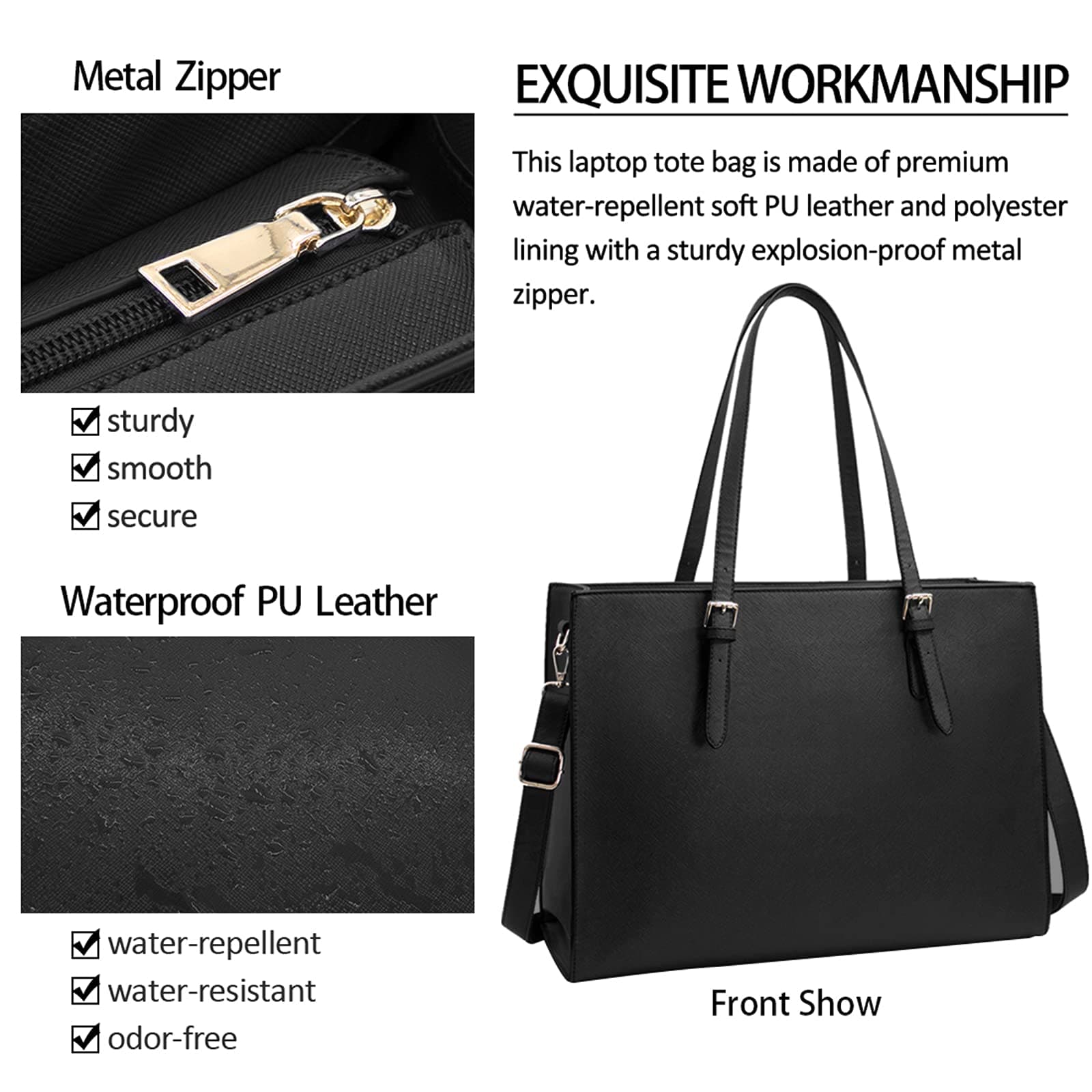 NUBILY Handbag Shopper for Women Large Black Handbag Leather Shoulder Bag Work Bag Large Laptop Business School Bag 39.5cm Black Large thumbnail 3