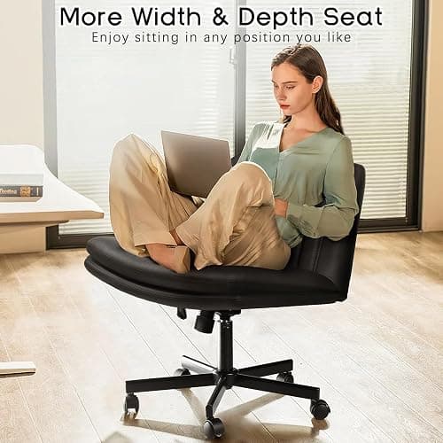 PUKAMI Criss Cross Chair with Wheels,PU Leather Armless Cross Legged Office Vanity Desk Chair for Home Office,Modern Swivel Height Adjustable Wide Seat(Black) thumbnail 3