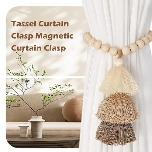 SRG Curtain Tiebacks for Curtains 2 Pack, Decorative Magnetic Curtain Holdbacks for Drapes, Handmade Tie Backs No Drilling for Home Bedroom Window Decor – Wood Bead thumbnail 3