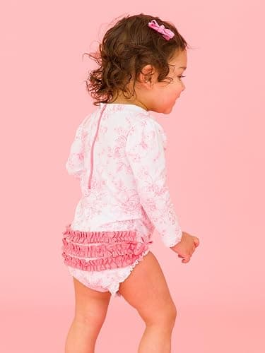 RuffleButts Baby Girls UPF 50+ Sun Protection Floral Printed Long Sleeve One Piece Rash Guard Swimsuit with Zipper thumbnail 3