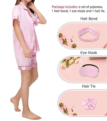 EPLAZA Kids Satin Pajamas Sets Girls Boys Button-Down Silky Pajamas Sleepwear with Hairband Eye Mask Hair Tie thumbnail 5