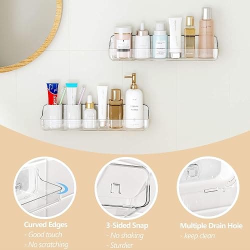 UDD Acrylic Clear Shower Caddy Adhesive Shelf, 2pc Plastic Shower Organizer with Self Adhesive Tape, No Drilling Wall Mount Shower Shelves for Bathroom Kitchen, Transparent thumbnail 4