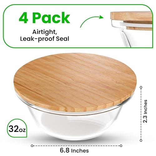 Verel Round Glass Food Storage Containers with Bamboo Lids (Set of 4) - 32 Ounce, Eco Friendly Meal Prep with Wooden Lids thumbnail 2