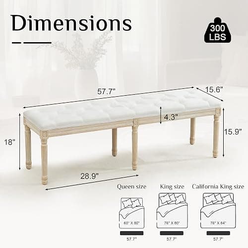 LOULENS 57.7" Linen Fabric End of Bed Bench, French Upholstered Button Tufted Bench for Bedroom End of Bed, Window Seat with Carved Wood Legs for Bedroom, Living Room, Entryway, White thumbnail 2