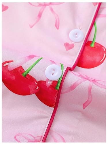WDIRARA Women's 2 Piece Bow Cherry Print Pajama Set Short Sleeve Button Down Shorts Sleepwear Pjs thumbnail 3