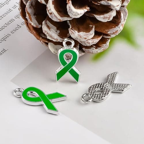 WANDIC 80 Pcs Green Ribbon Pendants, Plastic Silver-rimmed Mental Health Awareness Charms Environment protection Liver Cancer Accessory for Jewelry Making thumbnail 4