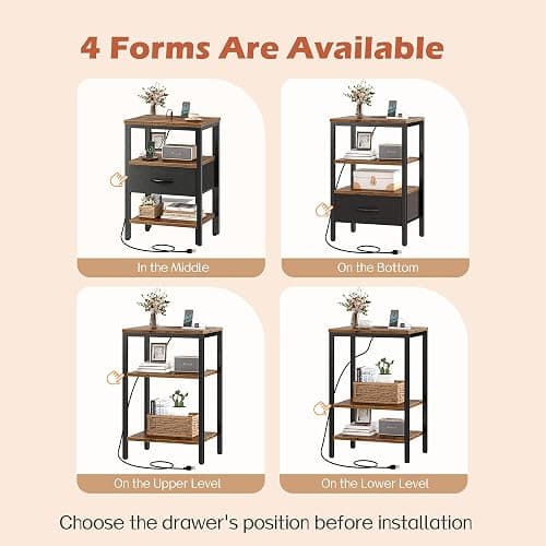 SUPERJARE Nightstand with Charging Station, Bed Side Table with Adjustable Fabric Drawer, Night Stand for Bedroom, 3-Tier Storage End Table, for Living Room, Rustic Brown and Black thumbnail 5