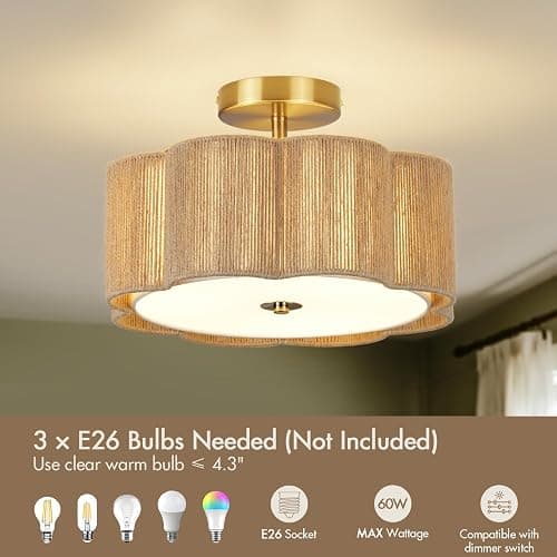 HILUXIA Boho Rattan Ceiling Light Fixture, 3-Light Semi Flush Mount Woven Ceiling Lamp with Gold Canopy, Dimmable Floral Wicker Ceiling Light for Bedroom Dining Room Kitchen Hallway Entryway Foyer thumbnail 3