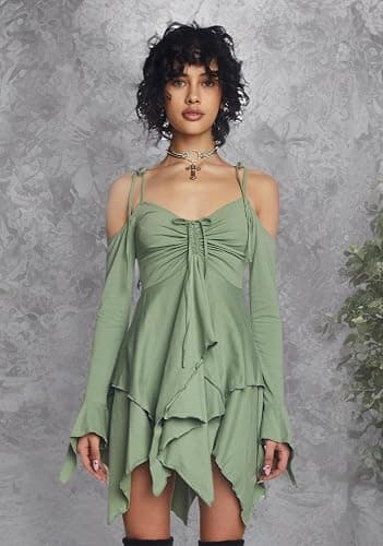 Dolls Kill F is for Fairies Dress by Current Mood | Fairycore Mini Dress with Off-Shoulder Sleeves, Tie Straps, and Ruched Bust thumbnail 8