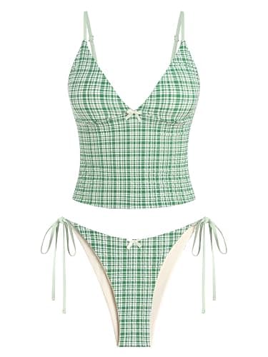ZAFUL Women's Spaghetti Strap Tankini Swimsuits V Neck Tummy Control Tie Side Thong Bikini Swimsuits 2 Piece Bathing Suits - Image 1