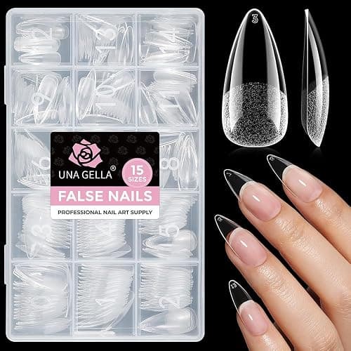 UNA GELLA Stiletto Gel Nail Tips Medium 15 Sizes 300PCS Pre-Etched Clear Acrylic Nail Tips Easy DIY Salon Stiletto Almond Press On Nails Snug Fit Full False Fake Tips Extensions Long-Lasting Hold - Image 1