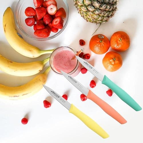Arcos Paring Knife Set of 3 Pieces 4 Inch Stainless Steel. Colorful Kitchen Knives for Peeling Fruits and Vegetables. Ergonomic Polypropylene Handle. Series Nova. Color Orange, Yellow and Blue. thumbnail 6