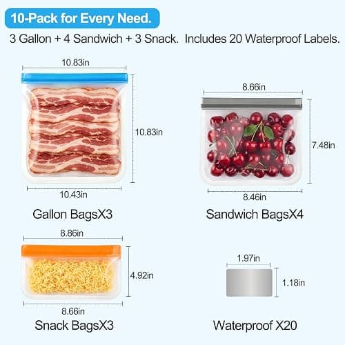 10 Pack DualSeal Reusable Snack & Sandwich Bags, Dishwasher Safe BPA Free | Reusable Freezer Bags, Reusable Gallon Bags for food Marinating, Lunch, Meal Prep, 3 Gallon 4 Sandwich 3 Snack thumbnail 2