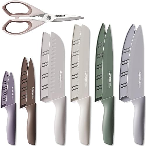 Astercook Knife Set, 13 Pieces Kitchen Knives Set with Healthy Anti-Rust Coating, Dishwasher Safe, Stainless Steel Chef Knife Sets with 6 Blade Guards, Perfect Holiday Gifts for Kitchen Morandi - Image 1