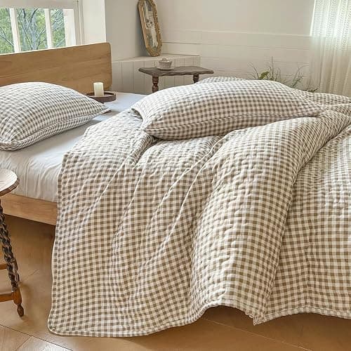 Tan Gingham Queen Quilt Set, Soft Pre-washed Microfiber Taupe Plaid Queen Bedspread, Lightweight Checked Summer Quilt, Grid Bedding Coverlets for All Seasons (Includes 1 Quilt, 2 Pillow Shams) thumbnail 6