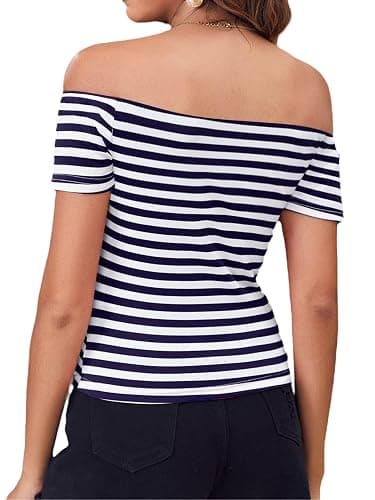 LilyCoco Off The Shoulder Tops for Women Striped Short Sleeve Sexy Going Out Top thumbnail 2