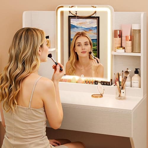 Vinabilia Small Vanity Desk with Mirror and Lights, Makeup Vanity with Storage Drawer, 2 Shelves and 3 Compartments - White thumbnail 5