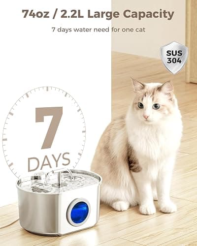 Cat Water Fountain Stainless Steel - Pet Drinking Fountain for Cats Indoor - 2.2L/74oz Automatic Water Dispenser with Watering Level Window (1 Filter) thumbnail 2