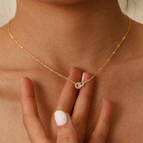 925 Sterling Silver Dainty Interlocking Double Circles Necklaces for Women | 14K Gold Plated Double Hoop Minimalist Pendant Necklaces Herringbone Necklace for Daughter Mother Friendship Jewelry Gift thumbnail 4