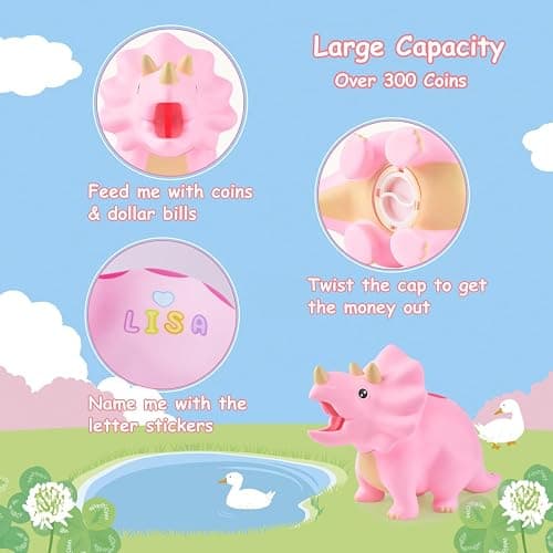 PJDRLLC Dinosaur Toys for Kids - Dinosaur Piggy Bank for Girls, Unbreakable Plastic Money Coin Bank, Great Gifts for Birthday, Easter, Christmas (Pink) thumbnail 5