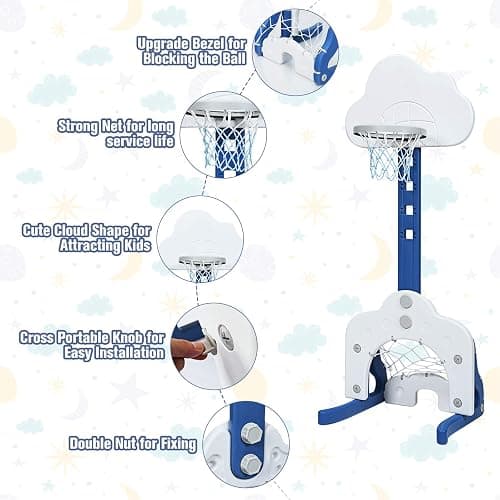 Costzon Kids Basketball Hoop, Toddler Sports Activity Center w/ 5 Adjustable Height Levels, Basketball Soccer Golf Game Set, Indoor Outdoor Basketball Hoop Set Best Gift for Baby Infant White Clouds - White Clouds - 22” x 20'' x 58.5''(L X W X H) thumbnail 5