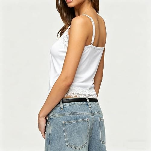Lace Tank Top for Women V Neck Floral Lacy Trim Crop Cami Teen Girls Y2K Slim Fit Spaghetti Strap Going Out Tops thumbnail 5