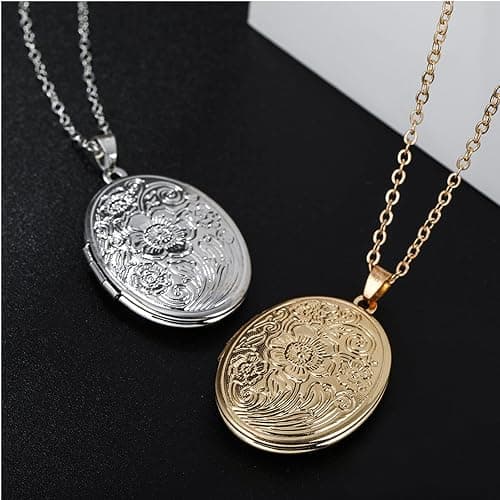 Vintage Engraved Flower Empaistic Photo Locket Hold Picture Oval Round Pendant Necklace Antique Carved Pattern Souvenir Memorial Clavicle Jewelry for Women thumbnail 2