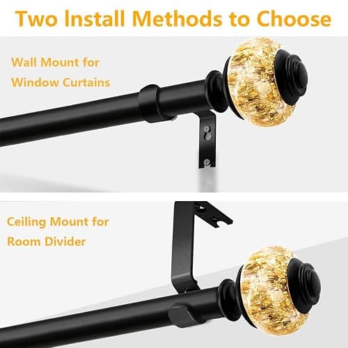 Curtain Rods for Windows,1 Inch Adjustable Window Curtain Rod, Curtain Rod Set with Luxury Crystal Translucent Finials for Bedroom, Living Room (Black Gold, 28-52 in) thumbnail 3