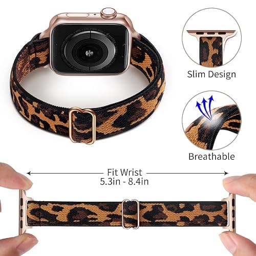 SICCIDEN Slim Stretchy Bands Compatible with Apple Watch Band 42mm 41mm 40mm 38mm, Women Elastics Nylon Thin Strap for iWatch SE 3/2/1 Series 11 10 9 8 7 6 5 4 3 2 1 (Leopard/Rose Gold) thumbnail 3
