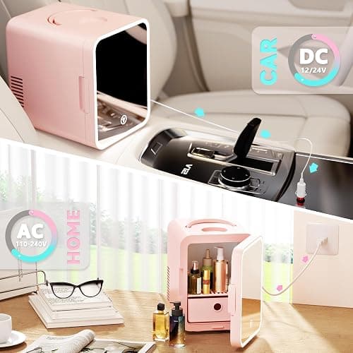 EUHOMY Mini Fridge, 5L AC/DC Small Refrigerator with Dimmable LED Mirror, Portable Cooler and Warmer for Skin Care, Cosmetics, Beverage, 5L Makeup Mini Skincare Fridge for Bedroom, Car, Office, Pink thumbnail 7