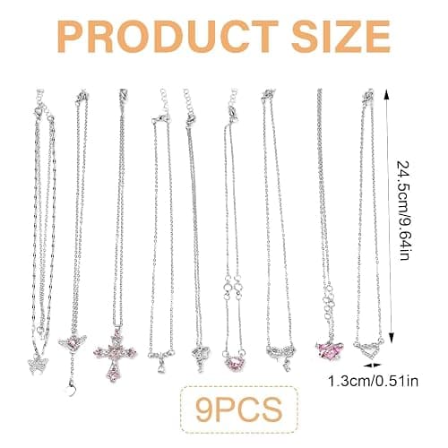 9 Pcs Y2K Necklace Set for Women, Goth Grunge Jewelry with Gothic Cross, Fairy Angel, Heart Wings, Butterfly, Pink Rhinestone Pendant and Choker, Premium Gifts for Friends Family on Birthday Holiday thumbnail 7