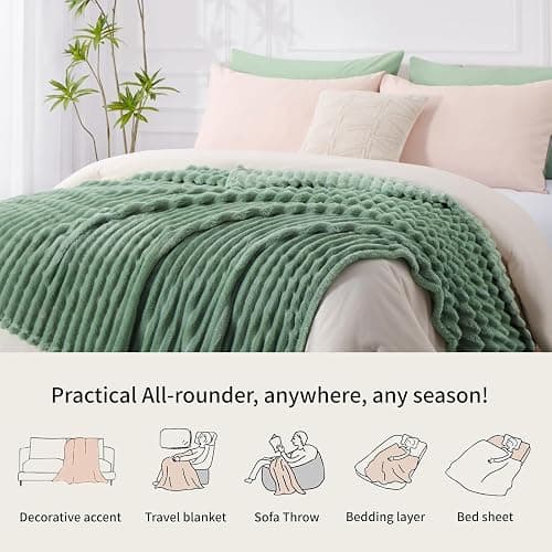 RUIKASI Fleece Throw Blanket for Sofa - Single Fluffy Green Throws for Sofas Large, Soft Warm Blanket Throw for Couch, Luxury Decorative Ribbed Bed Blanket 130x150cm - Throw/Single - Green thumbnail 7