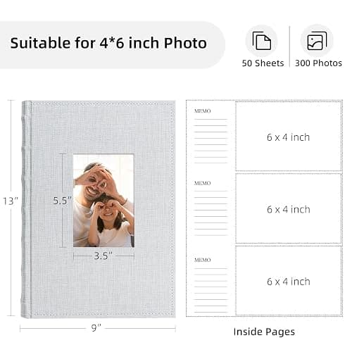 Vienrose Photo Albums 6x4 (15x10 cm) 300 Pockets Linen Cover with Memo Spaces Photobook Large Capacity Pictures Album Memory Book for Wedding, Family, Baby, Holidays, Special Occasions, Light Grey thumbnail 3
