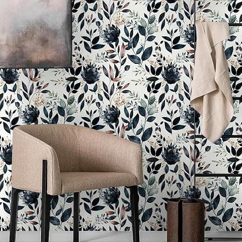 MuralPeel Dark Blue/Yellow Leaf Floral Peel and Stick Wallpaper Vintage Easy Peel Off Self Adhesive Removable Stick on Wall Paper for Kitchen Cabinet Renter Friendly thumbnail 2