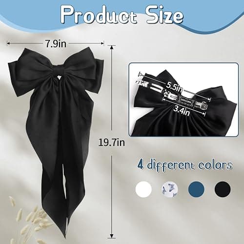 MIKONIKO Silky Satin Hair Bows for Women Girls - 4PCS Ribbon Bows for Hair, Big Bow Hair Clips with Long Tail, Barrettes - Cute Hair Accessories Gifts (Black, Navy, Butterfly, White) - Black, Navy, Butterfly, White thumbnail 4