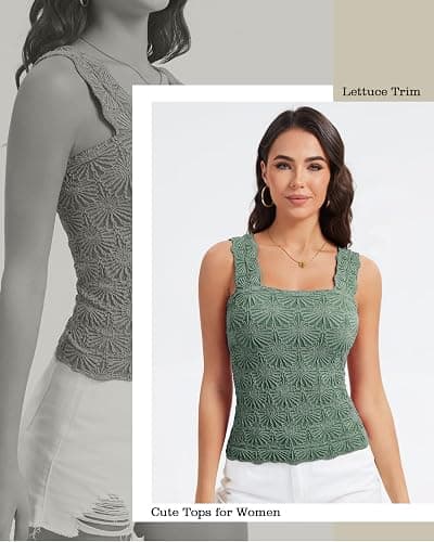 Women's Square Neck Wide Strap Crop Tank Tops Slim Fit Sleeveless Going Out Top Flower Lettuce Trim Cami Tops - Small - Emerald Green thumbnail 5
