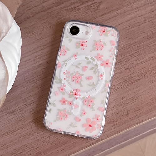 QLTYPRI Magnetic for iPhone 16e Case Compatible with Magsafe, Cute Floral Flower Aesthetic Phone Case Slim Clear Anti-Yellowing Shockproof Phone Cover for Girls Women - Pink thumbnail 3